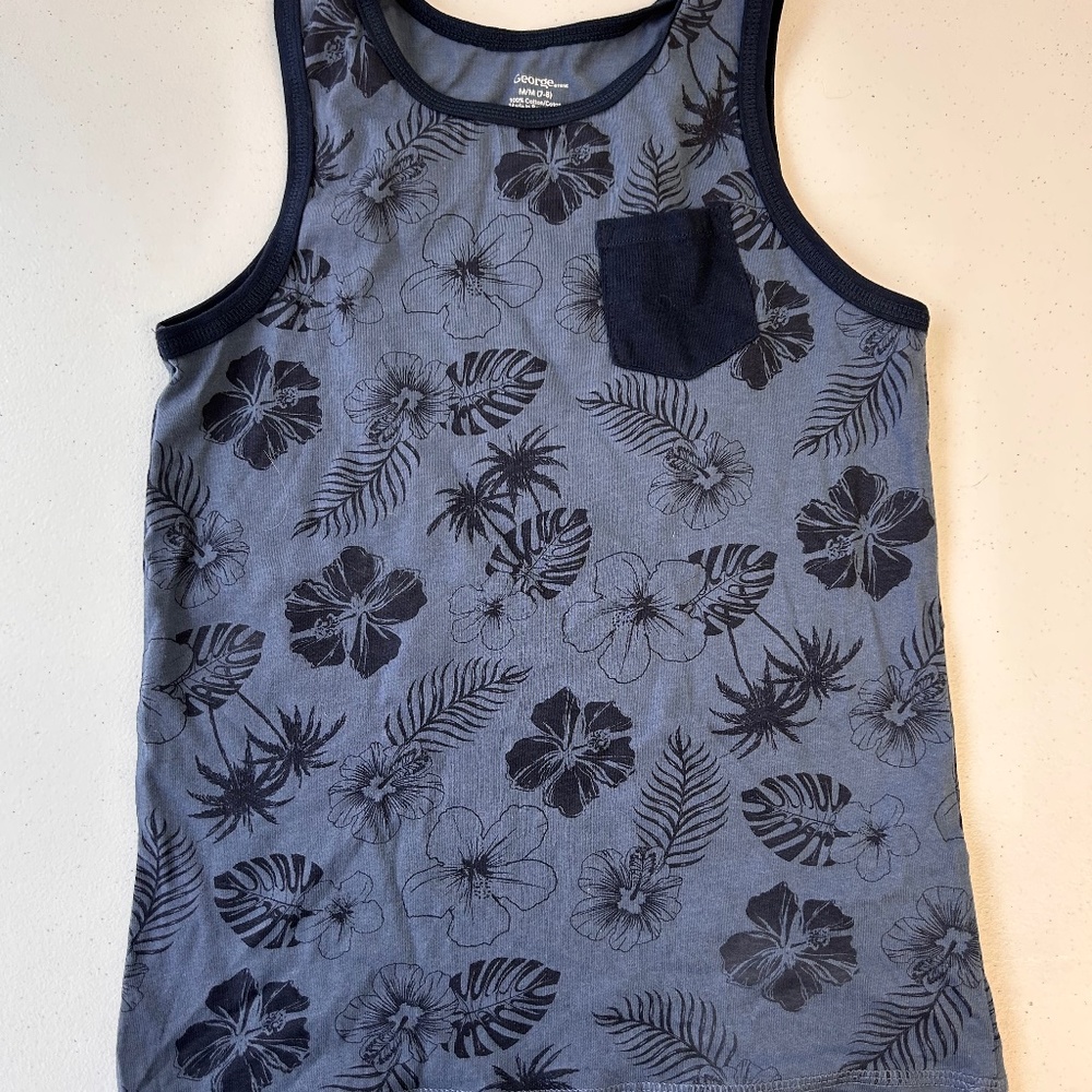 George youth medium blue tropical floral muscle tank top
